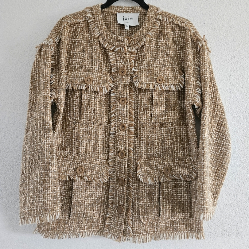 Joie Morro B Fringe Trim Boucle Jacket Size 8 Camel Button Front Long Sleeve